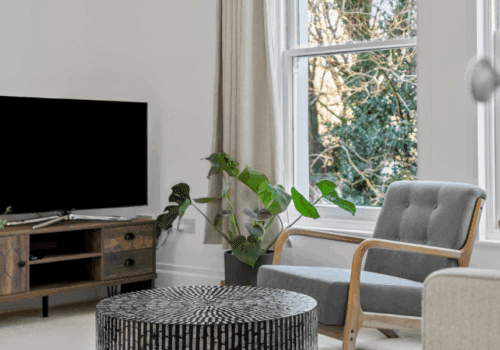 Living room after home staging, styled for good property photography to attract buyers