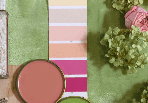 Choosing a creative colour palette for your home, image sowing pink and green flatlay of colours
